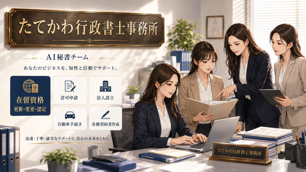 たてかわ行政書士事務所のAI秘書チームが書類を協議するオフィスの場面。