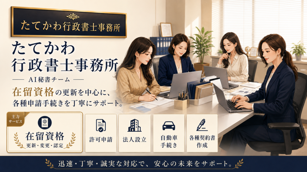 ChatGPT Image 2026年6月8日 16_04_02 - 在留資格・ビザ申請専門サイト|たてかわ行政書士事務所 たてかわ行政書士事務所のスタッフ4人が会議テーブルでPC作業をしているオフィス風景。看板と大きな日本語の社名が見える。登場人物はビジネススーツ姿。