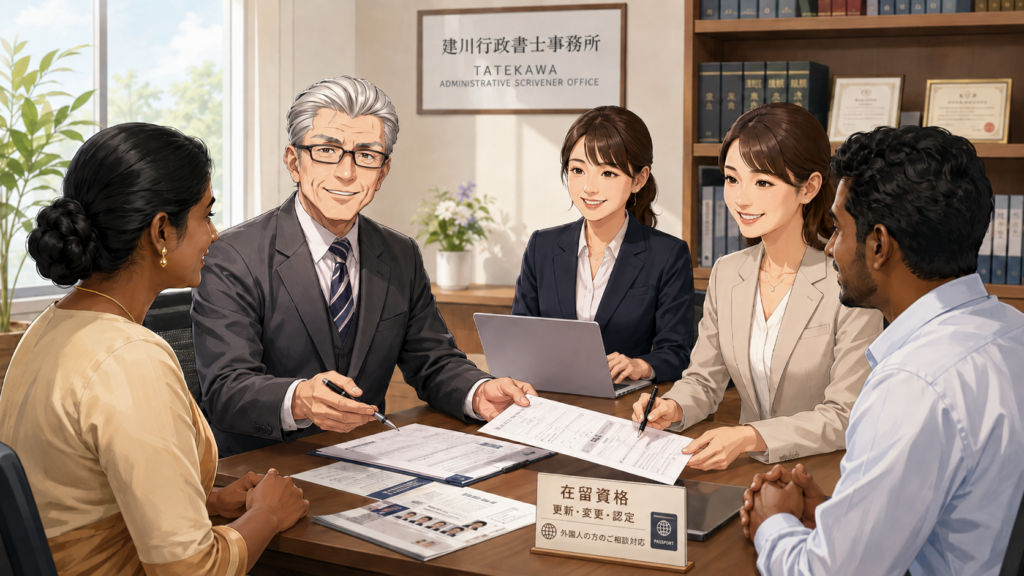 ChatGPT Image 2026年6月8日 16_10_38 - 在留資格・ビザ申請専門サイト|たてかわ行政書士事務所 整ったオフィスの会議テーブルで在留資格・ビザ申請の書類を確認・署名する専門家たち。たてかわ行政書士事務所が大和市の手続を進める様子。