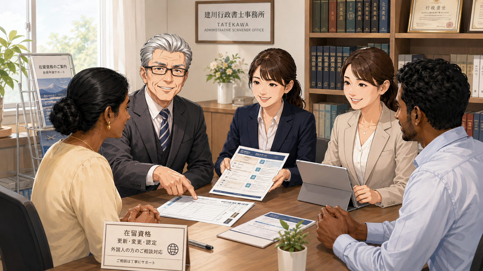 たてかわ行政書士事務所で行政書士とスタッフが在留資格・ビザ申請の相談に対応する様子。