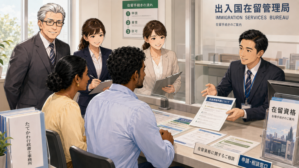 相模原市の在留資格・ビザ申請サポート|たてかわ行政書士事務所 - 在留資格・ビザ申請専門サイト|たてかわ行政書士事務所 出入国在留管理局で在留資格・ビザ申請の相談をする外国人夫婦と行政書士