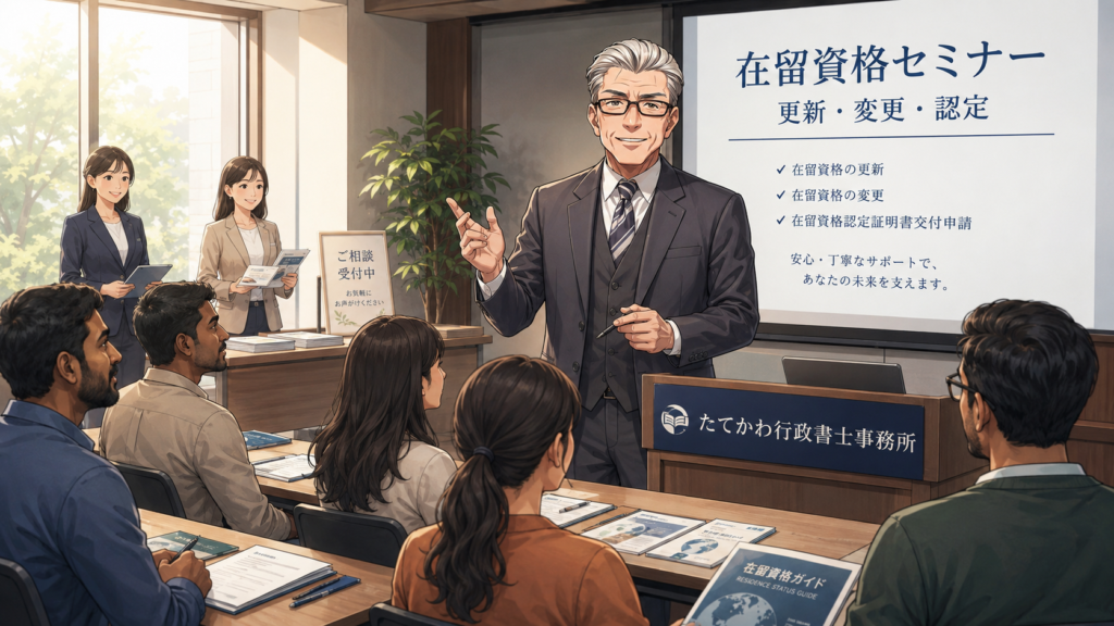ChatGPT Image 2026年6月8日 16_23_24 - 在留資格・ビザ申請専門サイト|たてかわ行政書士事務所 在留資格・ビザ申請について解説する説明会の様子。たてかわ行政書士事務所の代表行政書士が登壇し、女性スタッフが資料を手に来場者へ対応している。